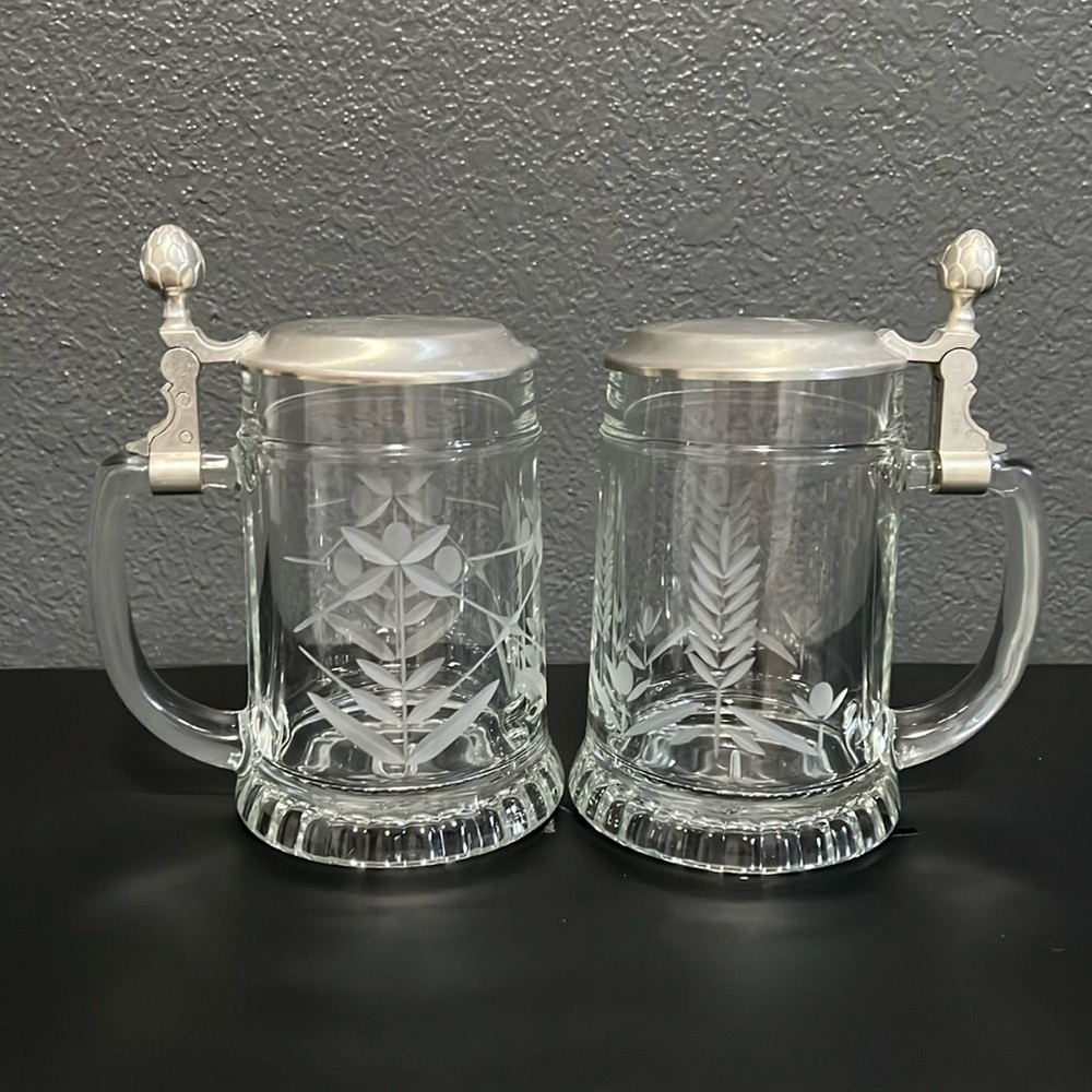 Pair of Vintage Crystal Etched Stein with Pewter Lid Beer Tankard